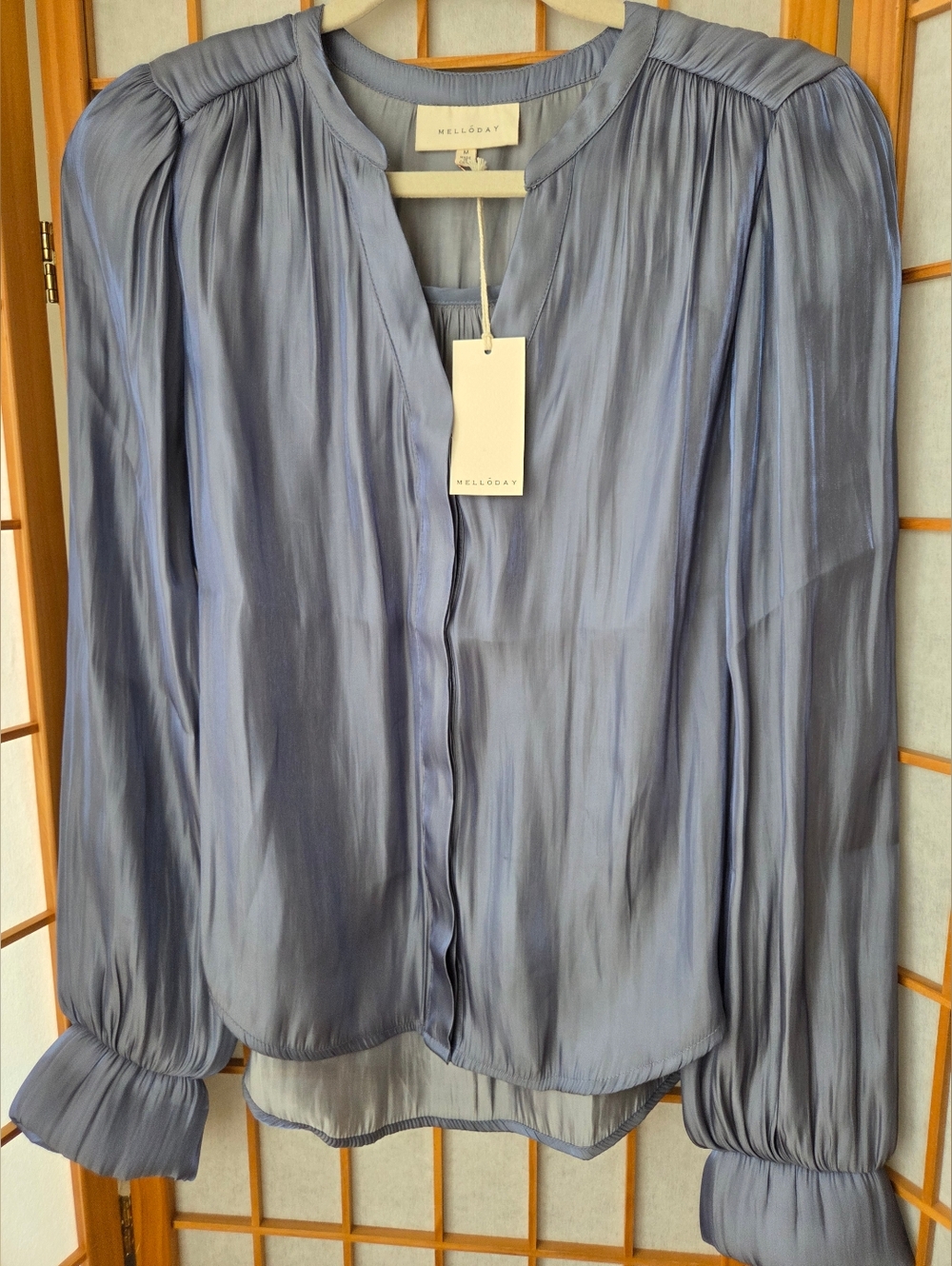 NWT WOMENS MELLODAY LIGHT BLUE SILKY POLYESTER LONG SLEEVES BLOUSE MEDIUM